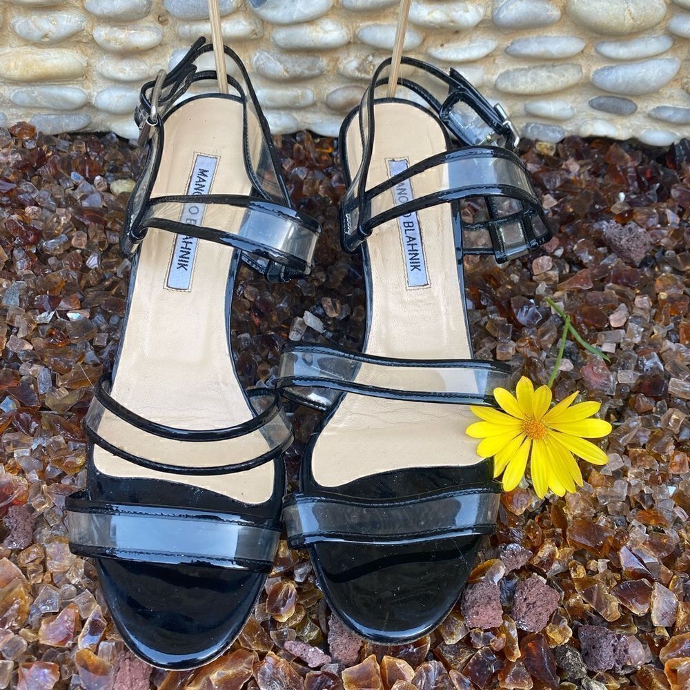 Manolo Blahnik Black & Clear Patent Leather Wedge Sandals. Size 7.5 (38). EUC!